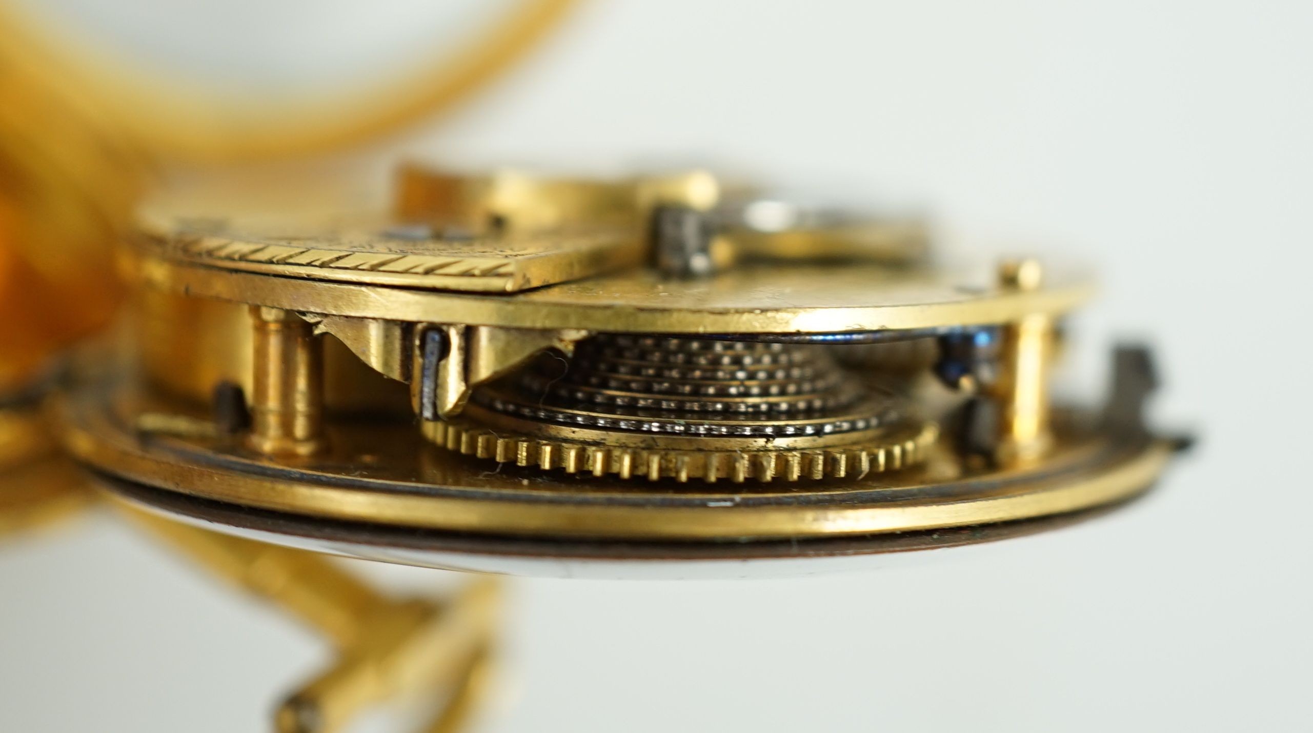 A Victorian silver pair cased pocket watch by Edward Fowle, Westerham and a gilt metal pocket watch missing outer case